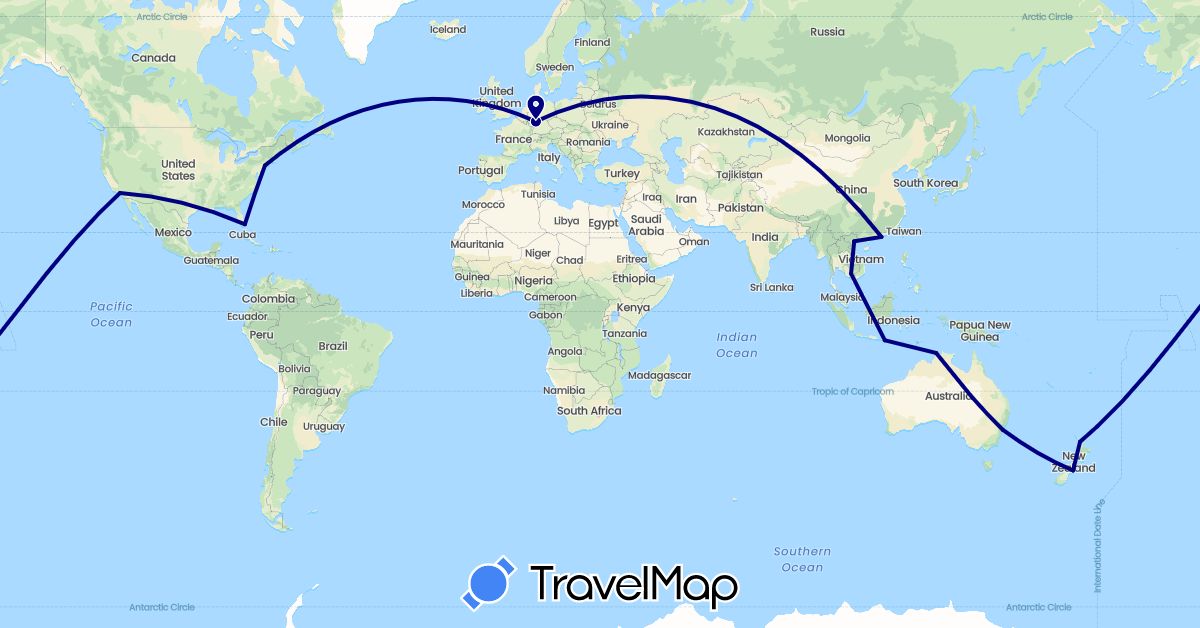 TravelMap itinerary: driving in Australia, Germany, Hong Kong, Indonesia, Cambodia, New Zealand, United States, Vietnam (Asia, Europe, North America, Oceania)